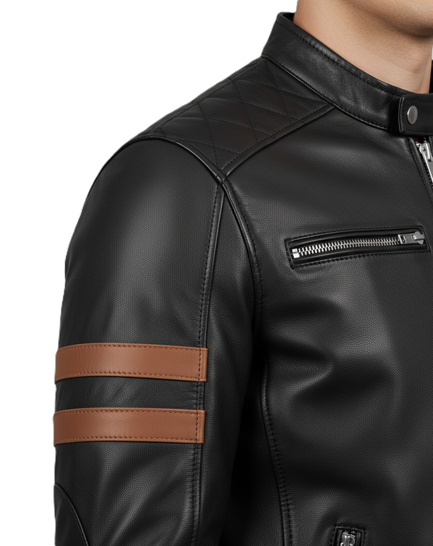 Men’s black café racer leather jacket with cognac stripes – Leathino
Black genuine leather jacket with brown arm stripes and snap collar
Slim-fit moto leather jacket with quilted shoulders and silver zippers
Premium black leather jacket for men with cognac dual stripe detailing