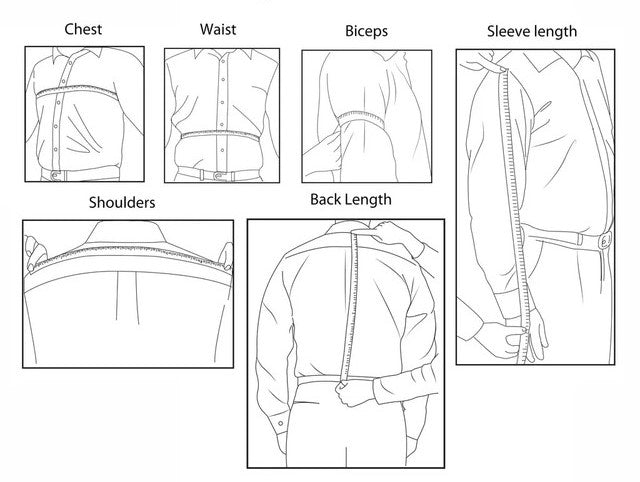 Illustrated women's body measurements guide showing how to measure chest, waist, biceps, sleeve length, shoulder width, and back length. Each measurement is represented with a drawing of a man and a measuring tape placed at the correct position on the body.