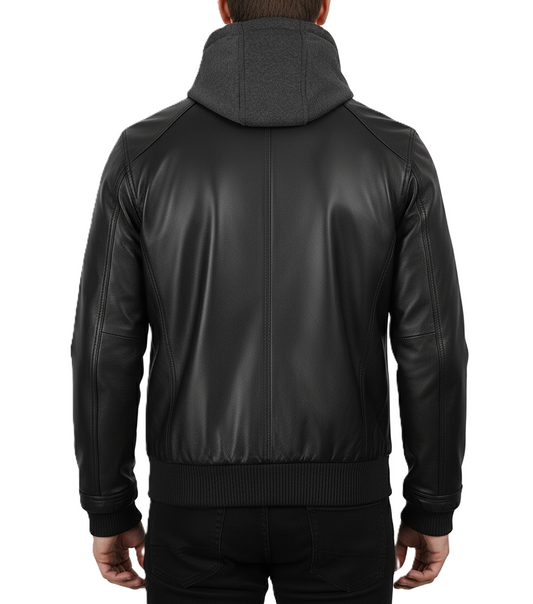 Leathino black genuine leather jacket with detachable grey hood for men
Men’s removable hood black leather jacket with metal zippers
Premium cowhide leather jacket with ribbed cuffs and four pockets
Front view of men’s black leather hooded bomber-biker jacket
Leathino men’s leather jacket with removable hood and smooth finish