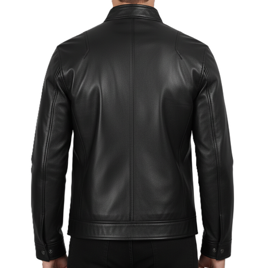 Leathino men’s black genuine leather jacket with stand collar and front zipper