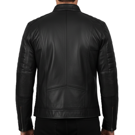 Leathino men’s black genuine leather jacket with stand collar and chest zipper pockets