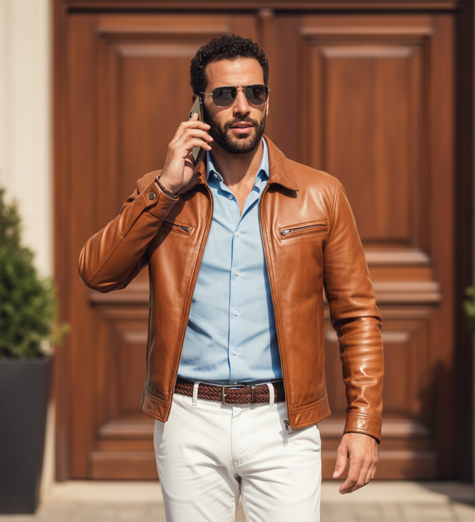 Men’s premium tan leather jacket — genuine full-grain leather outerwear from new arrivals collection, styled with blue shirt and white trousers; modern men’s biker-style leather jacket for USA, UK and global fashion.