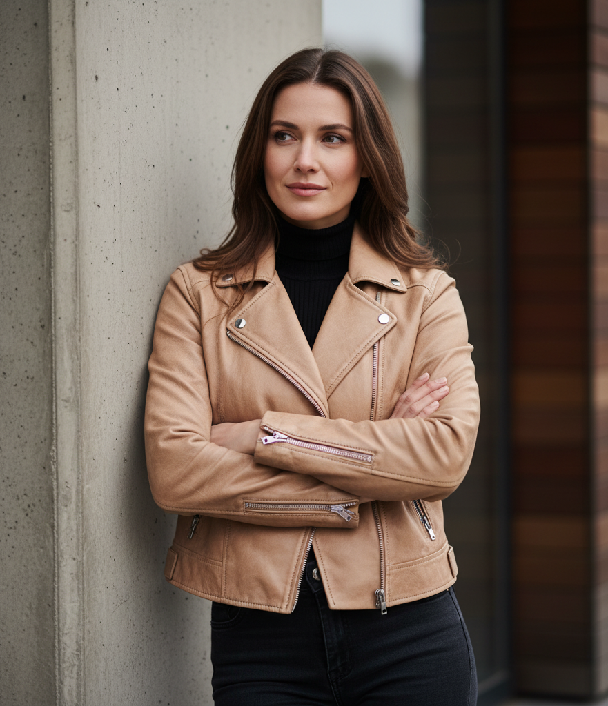 Premium women’s black leather jacket made from genuine lambskin, tailored fit, stylish moto design for everyday wear. High-quality women’s biker leather jacket with metal zippers, durable stitching, and classic motorcycle-style design.