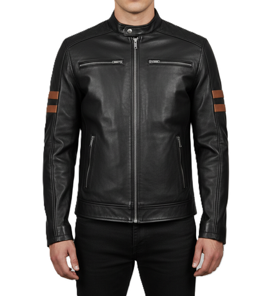 Men’s black café racer leather jacket with cognac stripes – Leathino
Black genuine leather jacket with brown arm stripes and snap collar
Slim-fit moto leather jacket with quilted shoulders and silver zippers
Premium black leather jacket for men with cognac dual stripe detailing