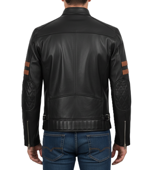 Men’s black café racer leather jacket with cognac stripes – Leathino
Black genuine leather jacket with brown arm stripes and snap collar
Slim-fit moto leather jacket with quilted shoulders and silver zippers
Premium black leather jacket for men with cognac dual stripe detailing