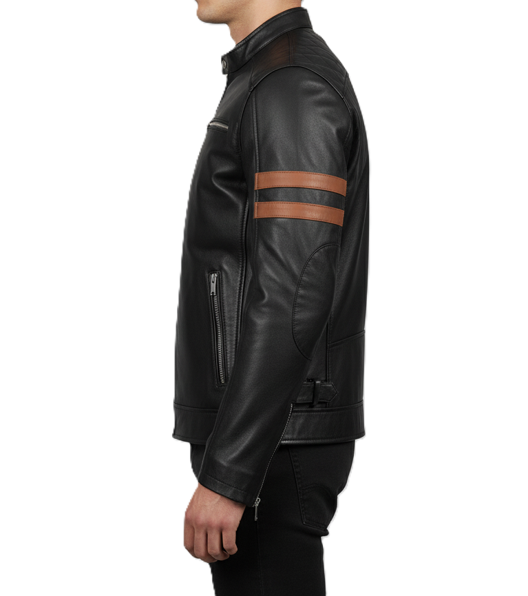 Men’s black café racer leather jacket with cognac stripes – Leathino
Black genuine leather jacket with brown arm stripes and snap collar
Slim-fit moto leather jacket with quilted shoulders and silver zippers
Premium black leather jacket for men with cognac dual stripe detailing