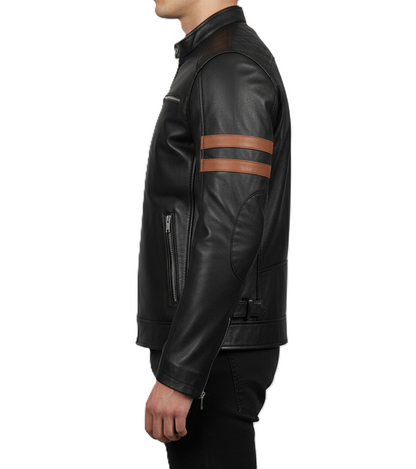 Men’s black café racer leather jacket with cognac stripes – Leathino
Black genuine leather jacket with brown arm stripes and snap collar
Slim-fit moto leather jacket with quilted shoulders and silver zippers
Premium black leather jacket for men with cognac dual stripe detailing