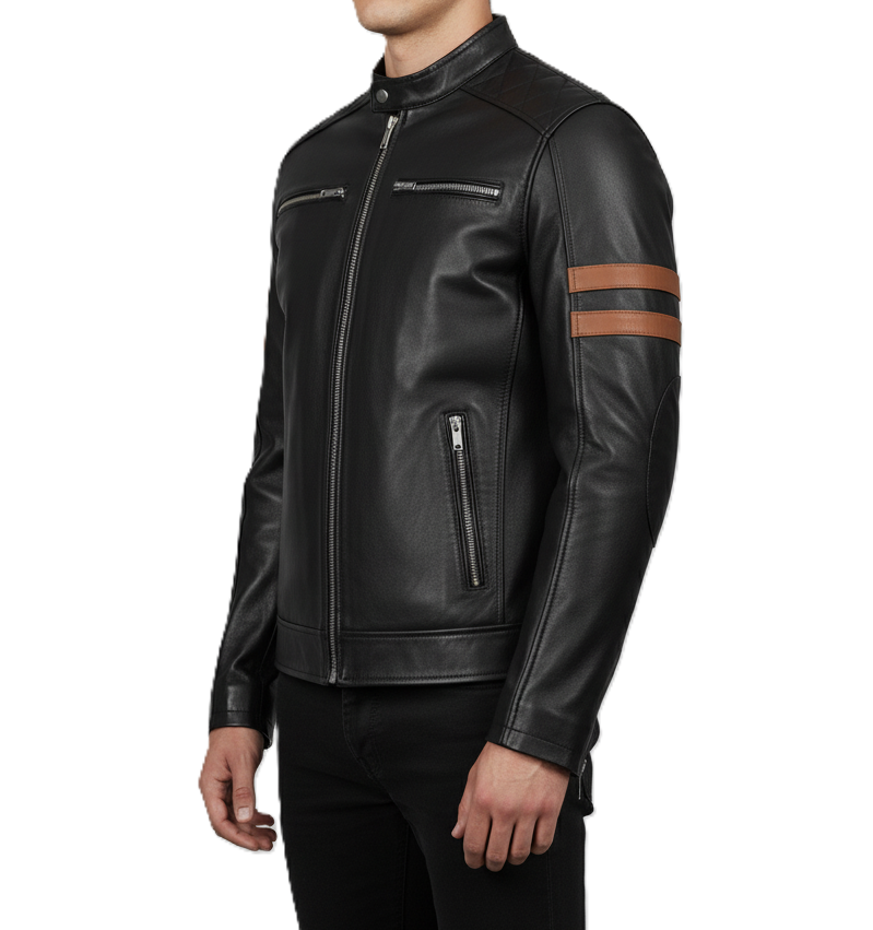 Men’s black café racer leather jacket with cognac stripes – Leathino
Black genuine leather jacket with brown arm stripes and snap collar
Slim-fit moto leather jacket with quilted shoulders and silver zippers
Premium black leather jacket for men with cognac dual stripe detailing