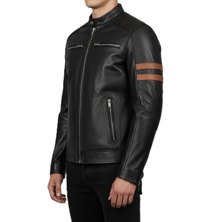 Men’s black café racer leather jacket with cognac stripes – Leathino
Black genuine leather jacket with brown arm stripes and snap collar
Slim-fit moto leather jacket with quilted shoulders and silver zippers
Premium black leather jacket for men with cognac dual stripe detailing