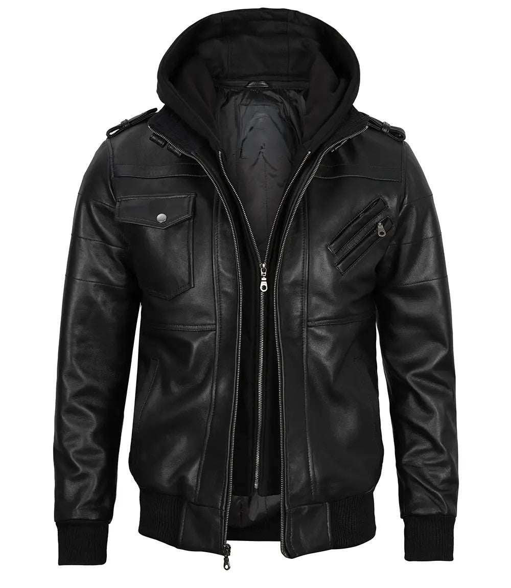 Men’s Black Leather Jacket with Removable Hoodie – Premium Lambskin Motorcycle Jacket for Winter, Streetwear Fashion, Biker Style Outerwear for Men with Multiple Zipper Pockets, Ribbed Cuffs, Warm Inner Lining, and Modern Slim-Fit Design – Best Men’s Leather Jacket 2026 for US UK Global Fashion."