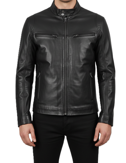 Leathino men’s black genuine leather jacket with stand collar and YKK zipper
Premium smooth-grain black leather jacket with front zip and chest pockets
Slim-fit men’s real leather jacket with metal zippers and clean stitching
Modern black moto-style leather jacket with snap-button collar by Leathino