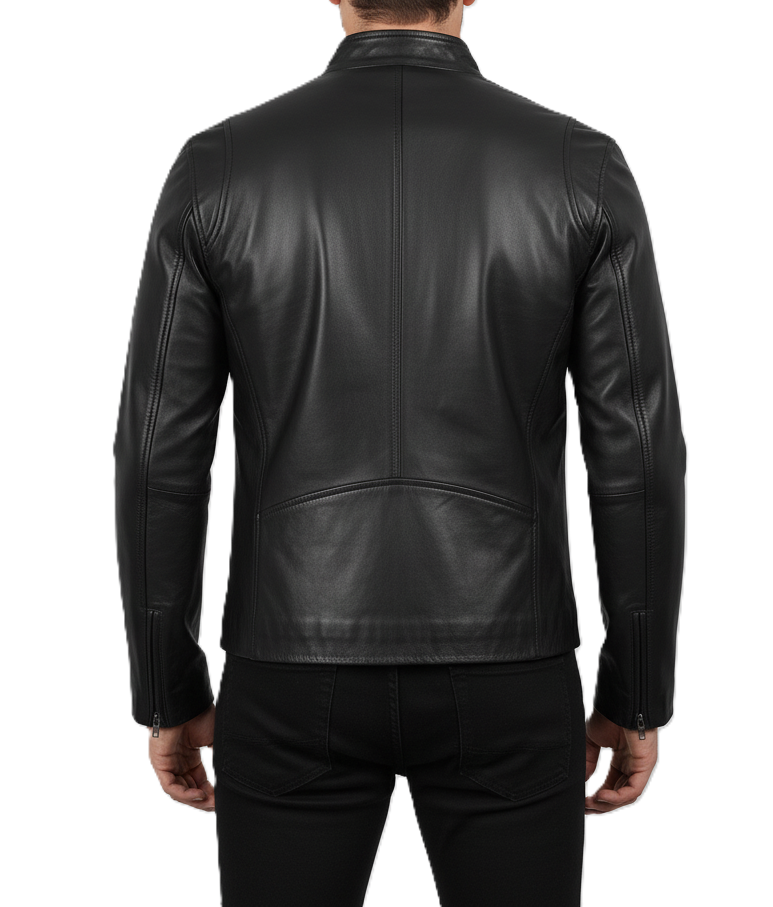 Leathino men’s black genuine leather jacket with stand collar and YKK zipper
Premium smooth-grain black leather jacket with front zip and chest pockets
Slim-fit men’s real leather jacket with metal zippers and clean stitching
Modern black moto-style leather jacket with snap-button collar by Leathino