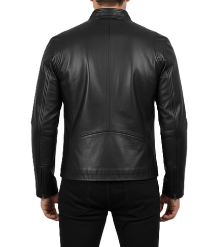 Leathino men’s black genuine leather jacket with stand collar and YKK zipper
Premium smooth-grain black leather jacket with front zip and chest pockets
Slim-fit men’s real leather jacket with metal zippers and clean stitching
Modern black moto-style leather jacket with snap-button collar by Leathino