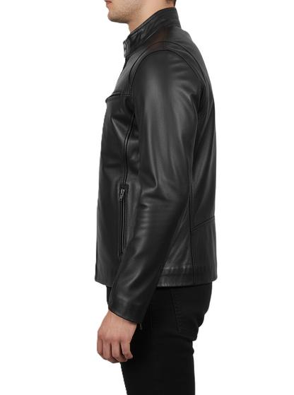 Leathino men’s black genuine leather jacket with stand collar and YKK zipper
Premium smooth-grain black leather jacket with front zip and chest pockets
Slim-fit men’s real leather jacket with metal zippers and clean stitching
Modern black moto-style leather jacket with snap-button collar by Leathino