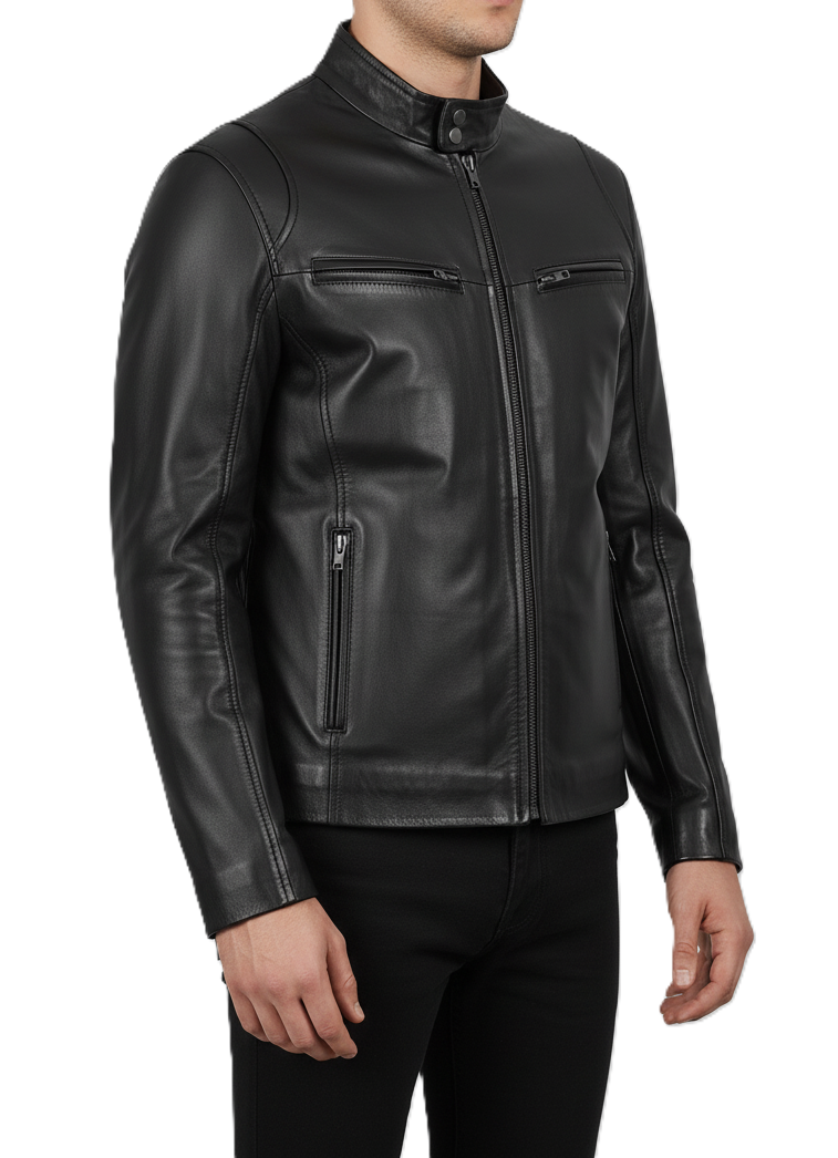 Leathino men’s black genuine leather jacket with stand collar and YKK zipper
Premium smooth-grain black leather jacket with front zip and chest pockets
Slim-fit men’s real leather jacket with metal zippers and clean stitching
Modern black moto-style leather jacket with snap-button collar by Leathino