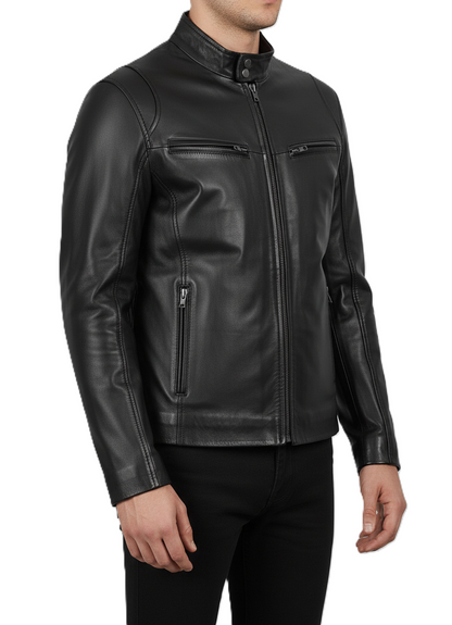 Leathino men’s black genuine leather jacket with stand collar and YKK zipper
Premium smooth-grain black leather jacket with front zip and chest pockets
Slim-fit men’s real leather jacket with metal zippers and clean stitching
Modern black moto-style leather jacket with snap-button collar by Leathino