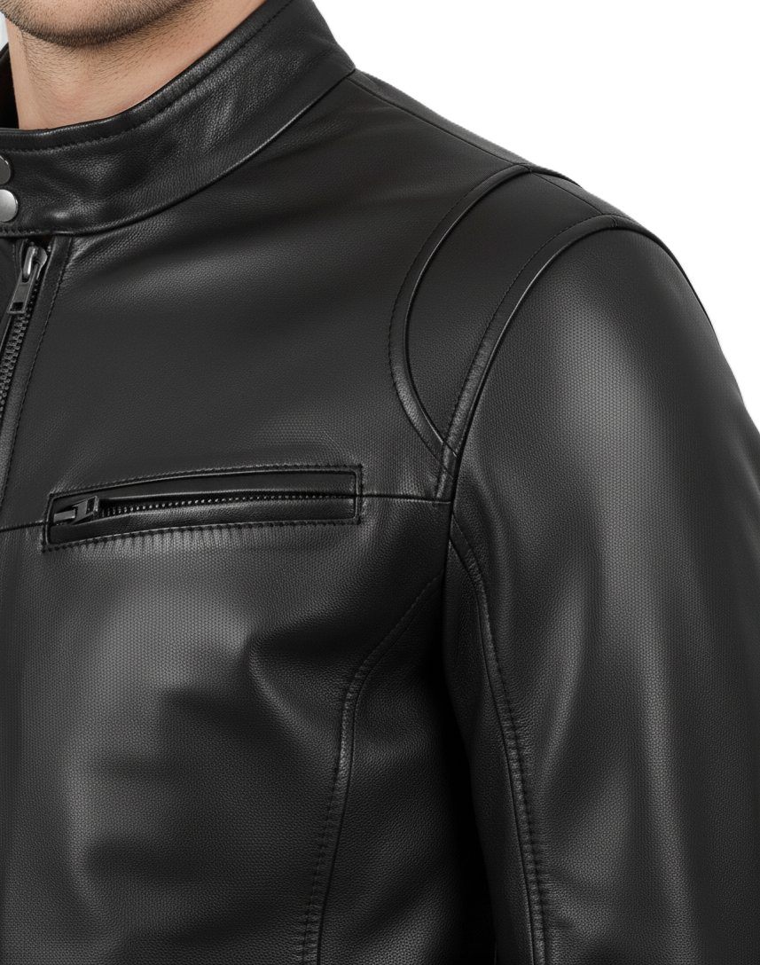 Leathino men’s black genuine leather jacket with stand collar and YKK zipper
Premium smooth-grain black leather jacket with front zip and chest pockets
Slim-fit men’s real leather jacket with metal zippers and clean stitching
Modern black moto-style leather jacket with snap-button collar by Leathino