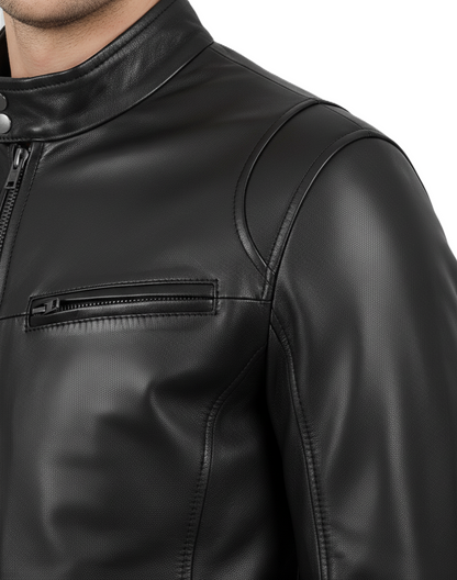 Leathino men’s black genuine leather jacket with stand collar and YKK zipper
Premium smooth-grain black leather jacket with front zip and chest pockets
Slim-fit men’s real leather jacket with metal zippers and clean stitching
Modern black moto-style leather jacket with snap-button collar by Leathino
