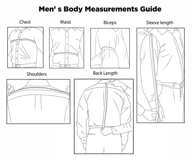 Men's body measurements guide with labeled parts of a Jacket.