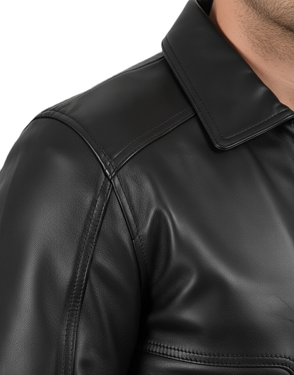 Leathino men’s black genuine leather jacket with classic collar and front zipper
Premium real leather jacket for men in smooth black texture with detailed stitching”
Men’s classic black leather outerwear with side pockets and full-zip closure by Leathino
High-quality genuine leather jacket featuring minimalist design and tailored fit