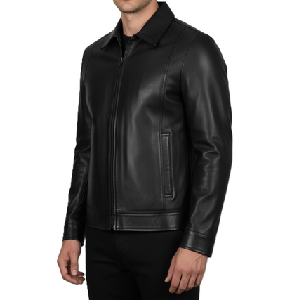 Men’s black genuine leather jacket side profile – lightweight soft lambskin leather for men