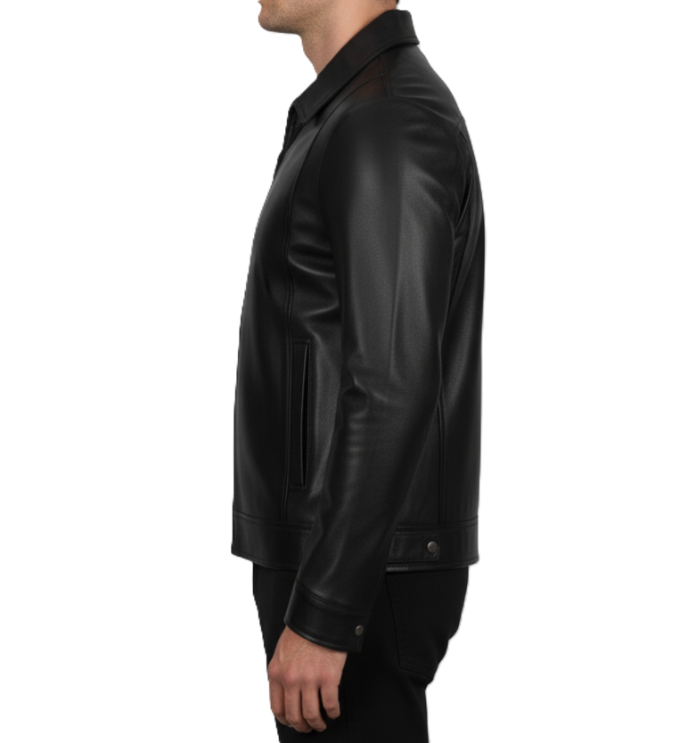 Men’s leather jacket classic collar close-up – premium black lambskin leather detailing