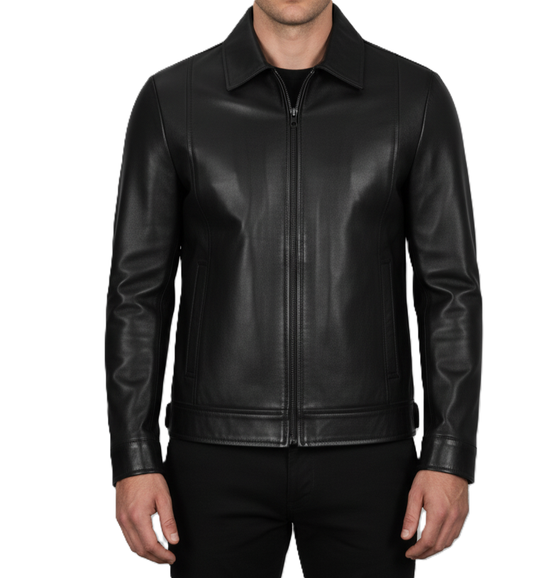 Men’s black genuine lambskin leather jacket front view – soft real leather jacket with classic collar