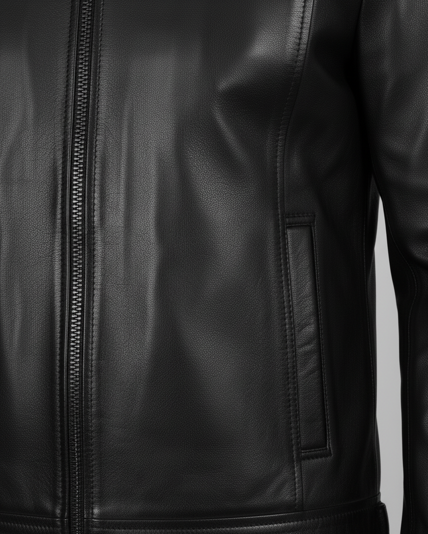 High-quality metal zipper on men’s black genuine leather jacket – smooth premium hardware