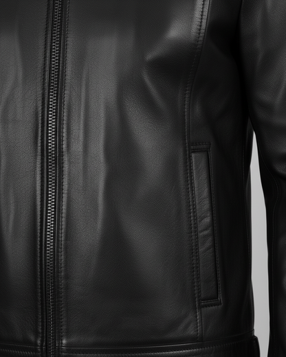 High-quality metal zipper on men’s black genuine leather jacket – smooth premium hardware