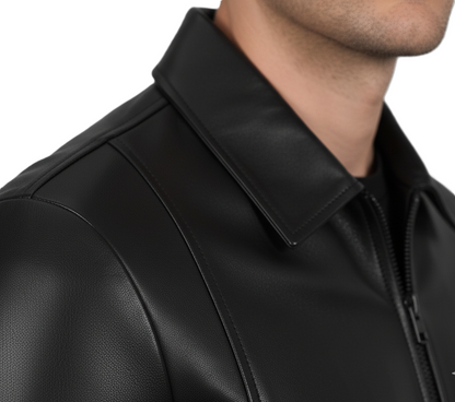 Men’s leather jacket classic collar close-up – premium black lambskin leather detailing