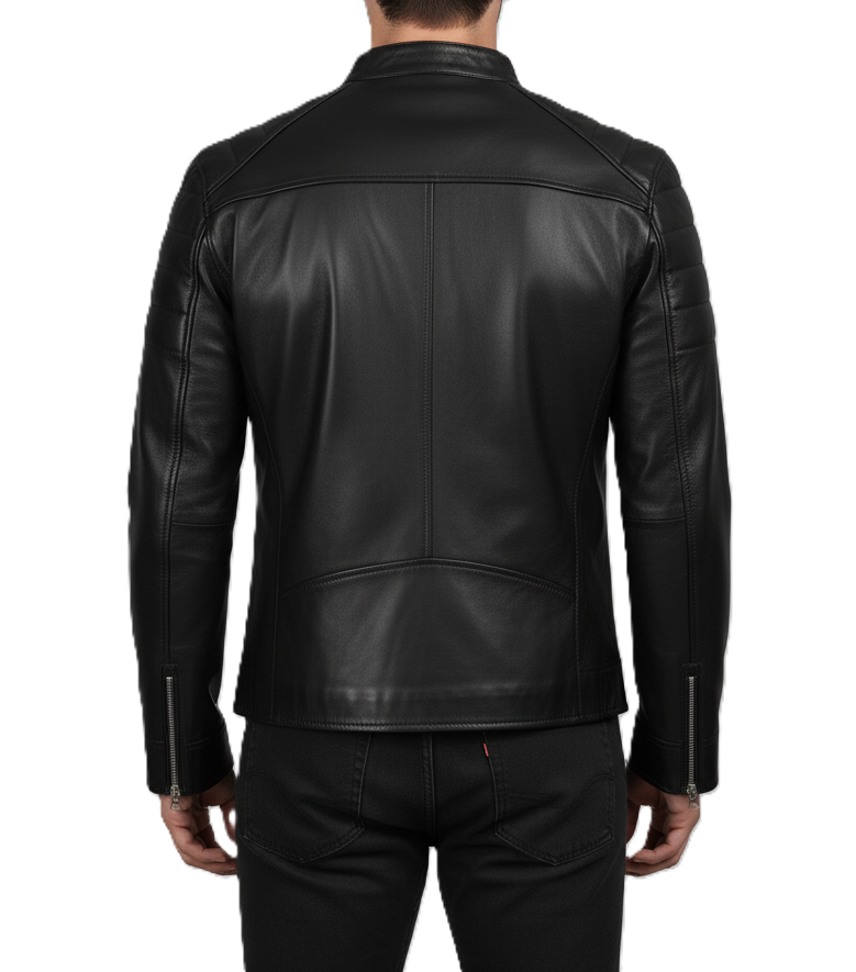 Leathino black genuine leather jacket with stand collar and front zipper
Men’s black cowhide café racer jacket with padded shoulders
Slim-fit leather jacket with metallic zipper pockets by Leathino
Matte black leather moto jacket featuring snap-button collar and stitching detail
Premium men’s leather jacket with quilted arm panels and modern design