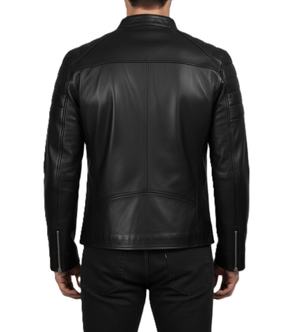 Leathino black genuine leather jacket with stand collar and front zipper
Men’s black cowhide café racer jacket with padded shoulders
Slim-fit leather jacket with metallic zipper pockets by Leathino
Matte black leather moto jacket featuring snap-button collar and stitching detail
Premium men’s leather jacket with quilted arm panels and modern design