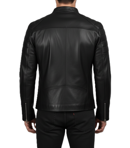 Leathino black genuine leather jacket with stand collar and front zipper
Men’s black cowhide café racer jacket with padded shoulders
Slim-fit leather jacket with metallic zipper pockets by Leathino
Matte black leather moto jacket featuring snap-button collar and stitching detail
Premium men’s leather jacket with quilted arm panels and modern design