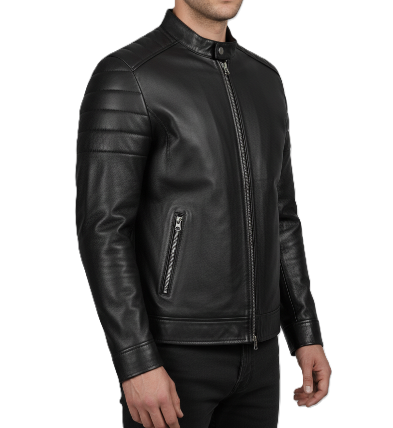 Leathino black genuine leather jacket with stand collar and front zipper
Men’s black cowhide café racer jacket with padded shoulders
Slim-fit leather jacket with metallic zipper pockets by Leathino
Matte black leather moto jacket featuring snap-button collar and stitching detail
Premium men’s leather jacket with quilted arm panels and modern design