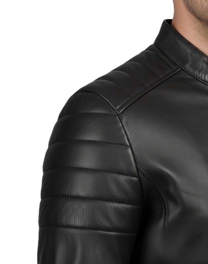 Leathino black genuine leather jacket with stand collar and front zipper
Men’s black cowhide café racer jacket with padded shoulders
Slim-fit leather jacket with metallic zipper pockets by Leathino
Matte black leather moto jacket featuring snap-button collar and stitching detail
Premium men’s leather jacket with quilted arm panels and modern design