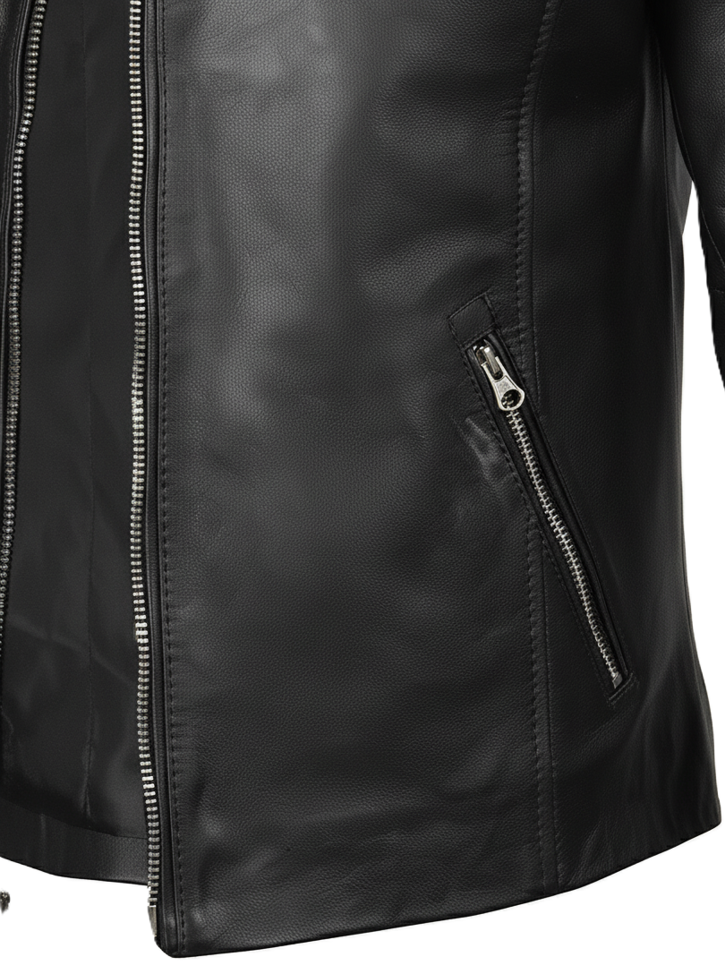 Leathino black genuine leather jacket with stand collar and front zipper
Men’s black cowhide café racer jacket with padded shoulders
Slim-fit leather jacket with metallic zipper pockets by Leathino
Matte black leather moto jacket featuring snap-button collar and stitching detail
Premium men’s leather jacket with quilted arm panels and modern design