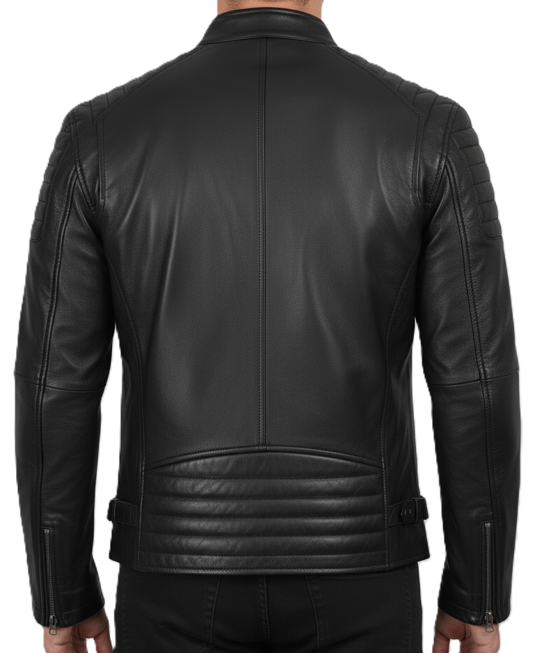 Leathino black genuine leather biker jacket with quilted shoulders and stand collar
Men’s real sheepskin moto jacket in black with YKK zippers and snap-button collar
Premium black leather jacket for men with chest and side zipper pockets
Classic men’s black motorcycle jacket with quilted stitching detail
Slim fit black leather moto jacket by Leathino with adjustable waist tabs