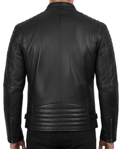 Leathino black genuine leather biker jacket with quilted shoulders and stand collar
Men’s real sheepskin moto jacket in black with YKK zippers and snap-button collar
Premium black leather jacket for men with chest and side zipper pockets
Classic men’s black motorcycle jacket with quilted stitching detail
Slim fit black leather moto jacket by Leathino with adjustable waist tabs