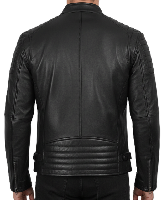 Leathino black genuine leather biker jacket with quilted shoulders and stand collar
Men’s real sheepskin moto jacket in black with YKK zippers and snap-button collar
Premium black leather jacket for men with chest and side zipper pockets
Classic men’s black motorcycle jacket with quilted stitching detail
Slim fit black leather moto jacket by Leathino with adjustable waist tabs