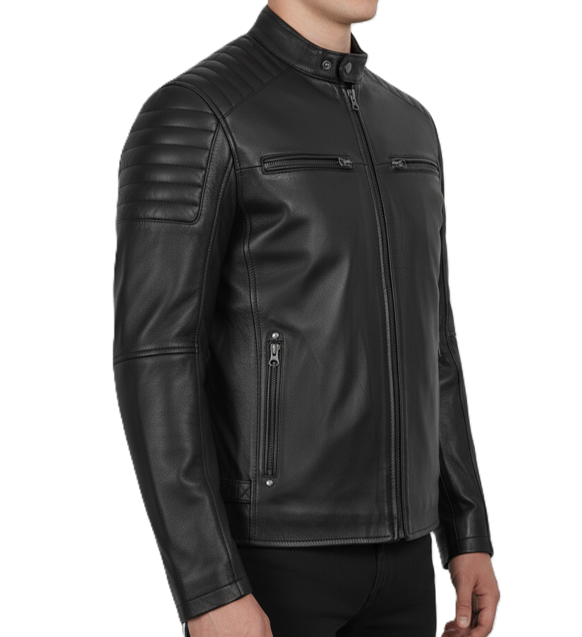 Leathino black genuine leather biker jacket with quilted shoulders and stand collar
Men’s real sheepskin moto jacket in black with YKK zippers and snap-button collar
Premium black leather jacket for men with chest and side zipper pockets
Classic men’s black motorcycle jacket with quilted stitching detail
Slim fit black leather moto jacket by Leathino with adjustable waist tabs