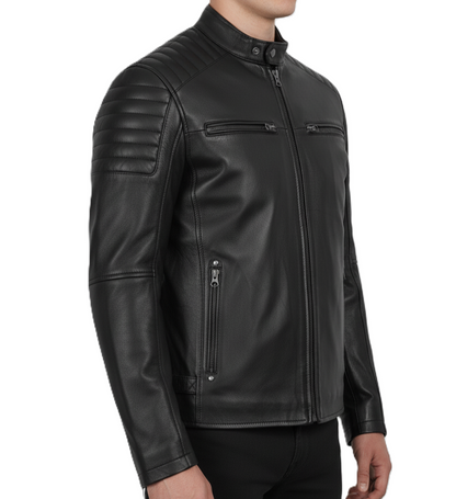 Leathino black genuine leather biker jacket with quilted shoulders and stand collar
Men’s real sheepskin moto jacket in black with YKK zippers and snap-button collar
Premium black leather jacket for men with chest and side zipper pockets
Classic men’s black motorcycle jacket with quilted stitching detail
Slim fit black leather moto jacket by Leathino with adjustable waist tabs