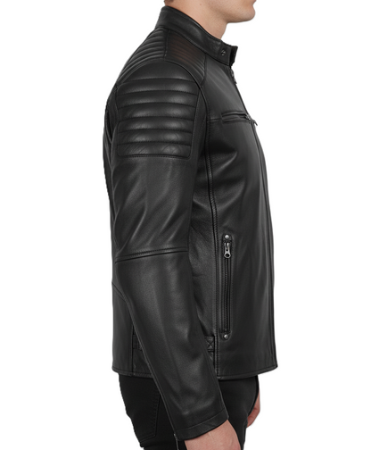 Leathino black genuine leather biker jacket with quilted shoulders and stand collar
Men’s real sheepskin moto jacket in black with YKK zippers and snap-button collar
Premium black leather jacket for men with chest and side zipper pockets
Classic men’s black motorcycle jacket with quilted stitching detail
Slim fit black leather moto jacket by Leathino with adjustable waist tabs