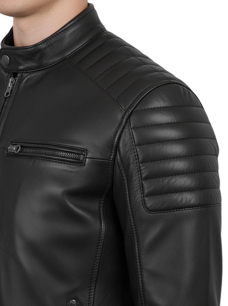 Leathino black genuine leather biker jacket with quilted shoulders and stand collar
Men’s real sheepskin moto jacket in black with YKK zippers and snap-button collar
Premium black leather jacket for men with chest and side zipper pockets
Classic men’s black motorcycle jacket with quilted stitching detail

Slim fit black leather moto jacket by Leathino with adjustable waist tabs