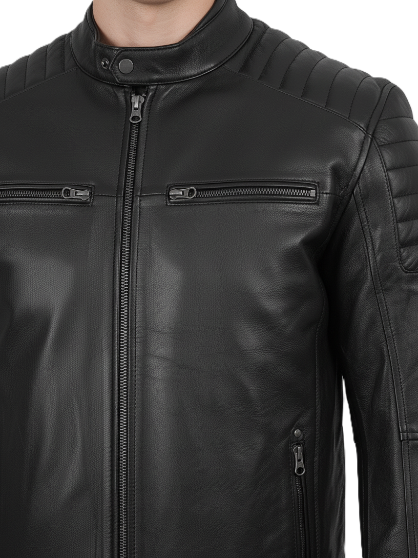 Leathino black genuine leather biker jacket with quilted shoulders and stand collar
Men’s real sheepskin moto jacket in black with YKK zippers and snap-button collar
Premium black leather jacket for men with chest and side zipper pockets
Classic men’s black motorcycle jacket with quilted stitching detail

Slim fit black leather moto jacket by Leathino with adjustable waist tabs