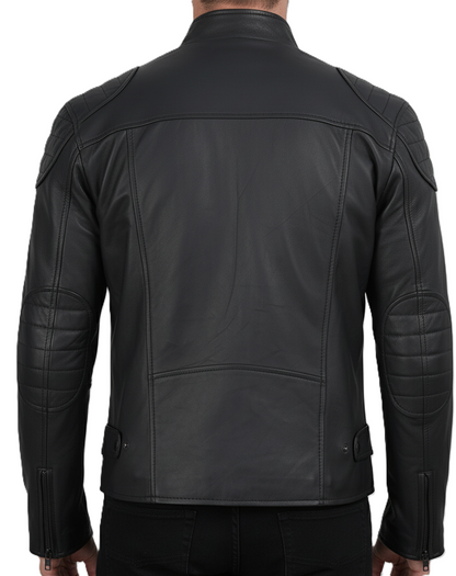 Leathino black genuine leather men’s café racer jacket with stand collar and zipper pockets
Premium black leather jacket with padded shoulders and front YKK zipper by Leathino