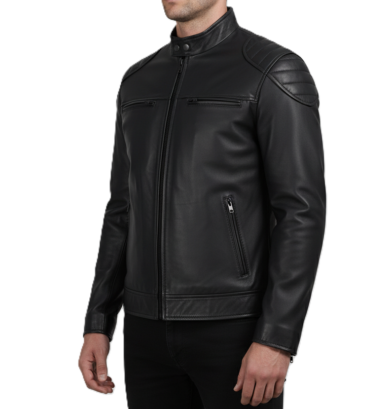 Leathino black genuine leather men’s café racer jacket with stand collar and zipper pockets
Premium black leather jacket with padded shoulders and front YKK zipper by Leathino