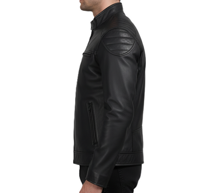 Leathino black genuine leather men’s café racer jacket with stand collar and zipper pockets
Premium black leather jacket with padded shoulders and front YKK zipper by Leathino