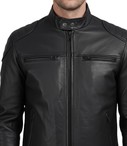 Leathino black genuine leather men’s café racer jacket with stand collar and zipper pockets
Premium black leather jacket with padded shoulders and front YKK zipper by Leathino