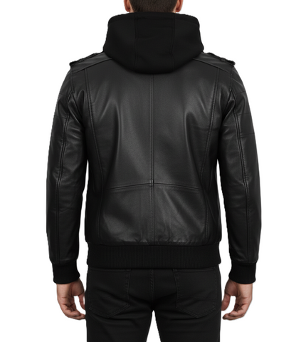 Men’s Black Leather Jacket with Removable Hoodie – Premium Lambskin Motorcycle Jacket for Winter, Streetwear Fashion, Biker Style Outerwear for Men with Multiple Zipper Pockets, Ribbed Cuffs, Warm Inner Lining, and Modern Slim-Fit Design – Best Men’s Leather Jacket 2026 for US UK Global Fashion."