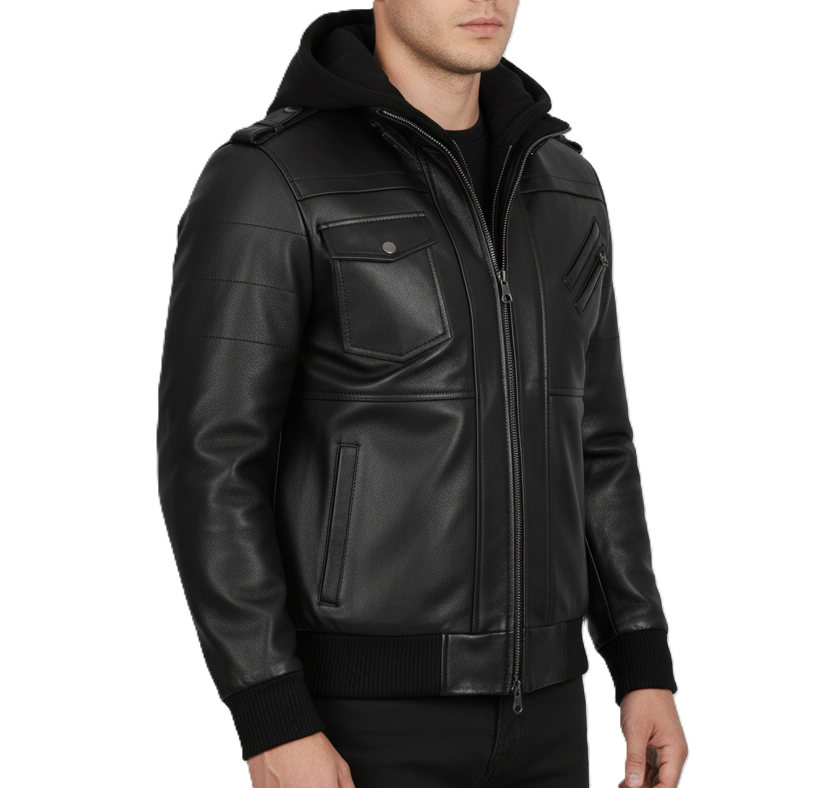 Men’s Black Leather Jacket with Removable Hoodie – Premium Lambskin Motorcycle Jacket for Winter, Streetwear Fashion, Biker Style Outerwear for Men with Multiple Zipper Pockets, Ribbed Cuffs, Warm Inner Lining, and Modern Slim-Fit Design – Best Men’s Leather Jacket 2026 for US UK Global Fashion."